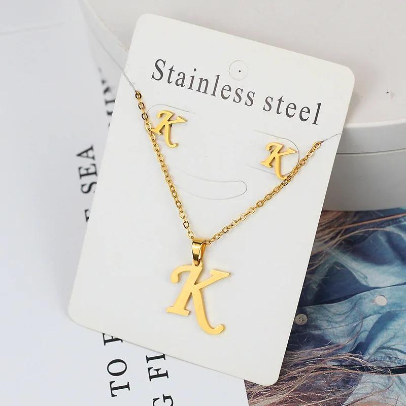 Stainless Steel Letter Necklace Bracelet Earring Zircon Set for Women Alphabet Pendant Necklace Party Gift
