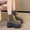 Mode 10CM Hohe Plateau Damen Stiefeletten Leopard Absatz Motorradstiefel Klobige Schnür-Sneakers Trend Winter Goth Kurze Damenstiefel