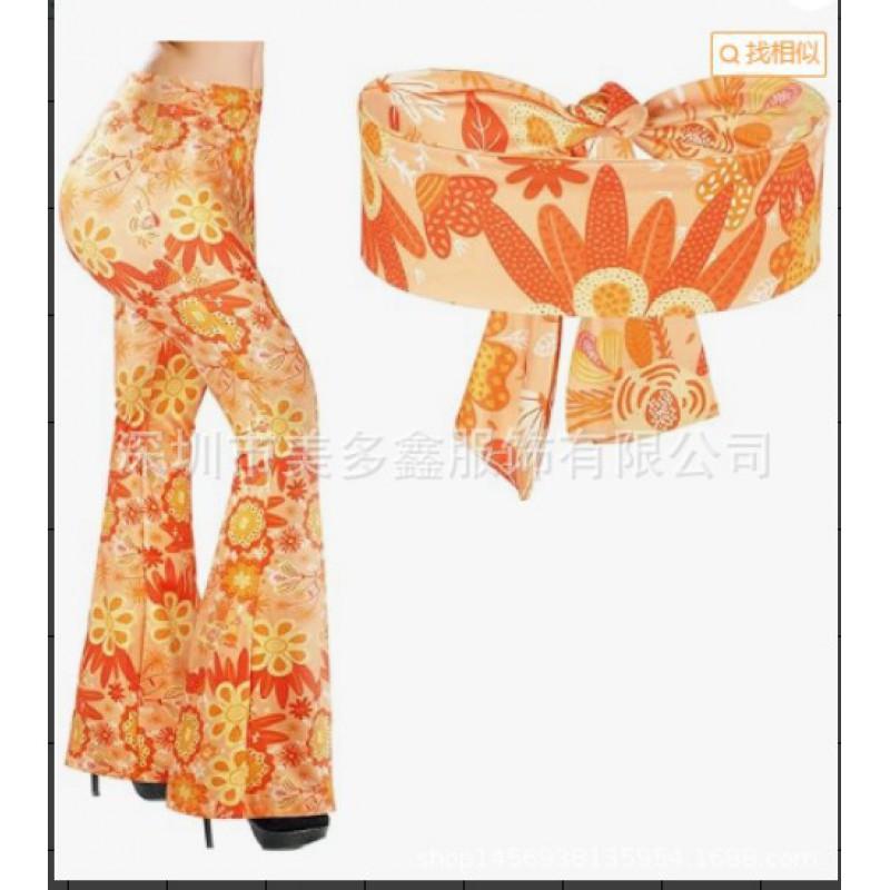 Halloween Print Flared Pants 70s Hippie Retro Headband Boho Trousers Women