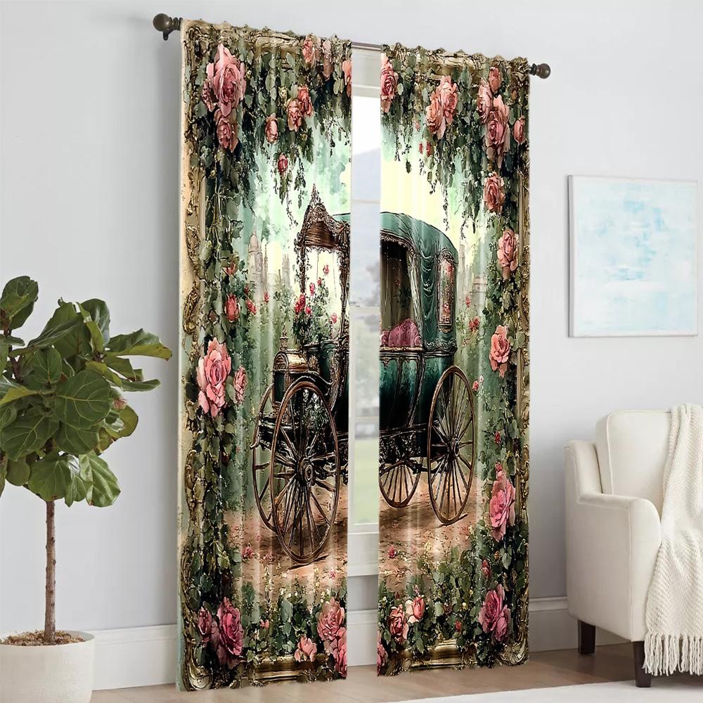 2 st, mångsidiga polyester transparenta gardiner för heminredning Retro Vagn för användning i sovrum och vardagsrum