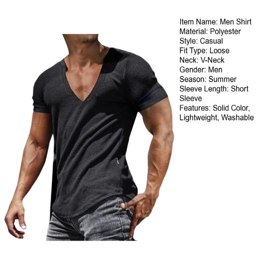Men Shirt V-Neck Solid Color Breathable Sweat Absorption Quick Dry Dress-up Washable Summer Men Sports T-Shirt Pullover Top for Men