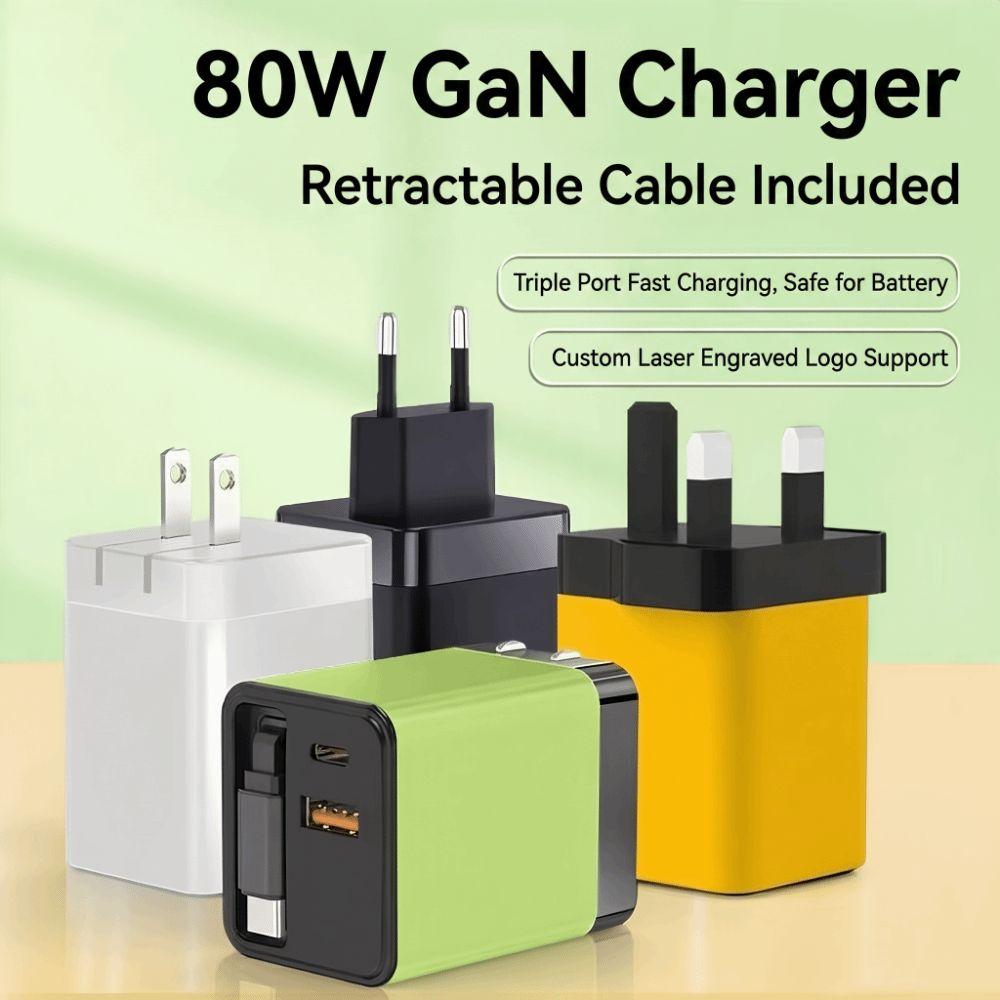 Retractable Cable Fast Charger 80W Power USB C Charger 3 in 1 PD Fast Charging Travel Use