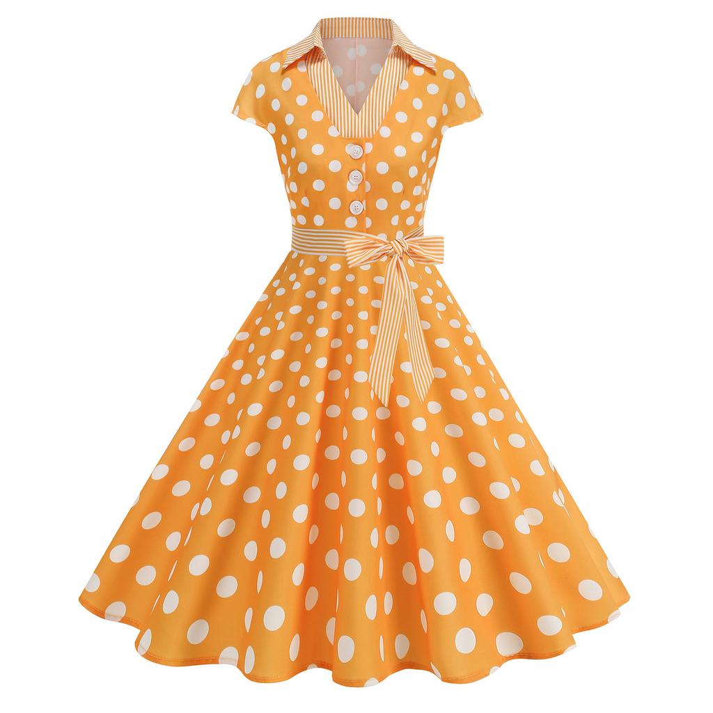 Damen Vintage Reverskragen Patchwork Polka Dot Ausgestelltes Kleid mit gestreiftem Taillengürtel Knopfleiste Vorne Retro Stil Swing Kleid