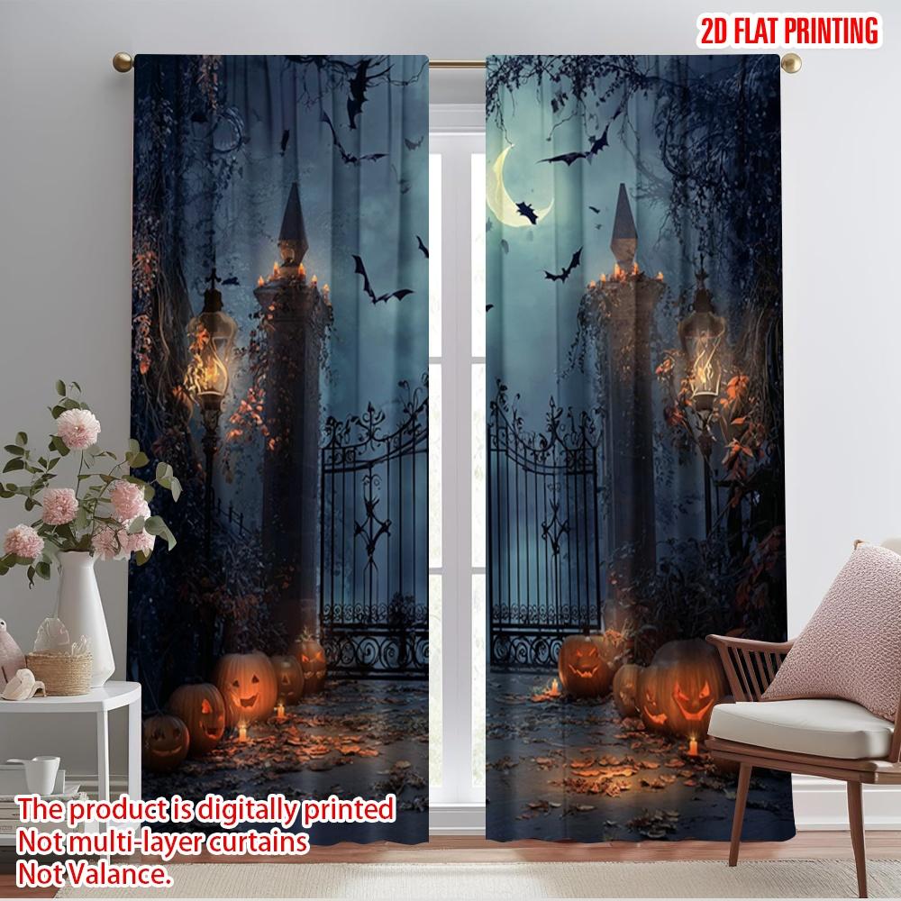 2pcs,2D Plane Printing Light Filtering Curtains Full Moon_ Gloomy Woods_ and Graveyard Versatile Durable Polyester (without Rod)