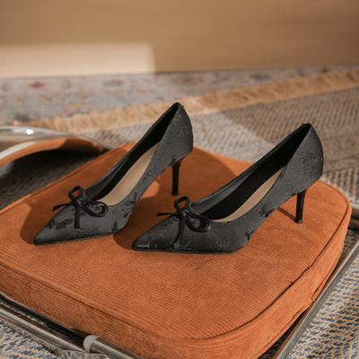 Fashion Show Gas Printing Shoes Women's Bow Thin Heel Pointed Temperament New Single Shoes Women