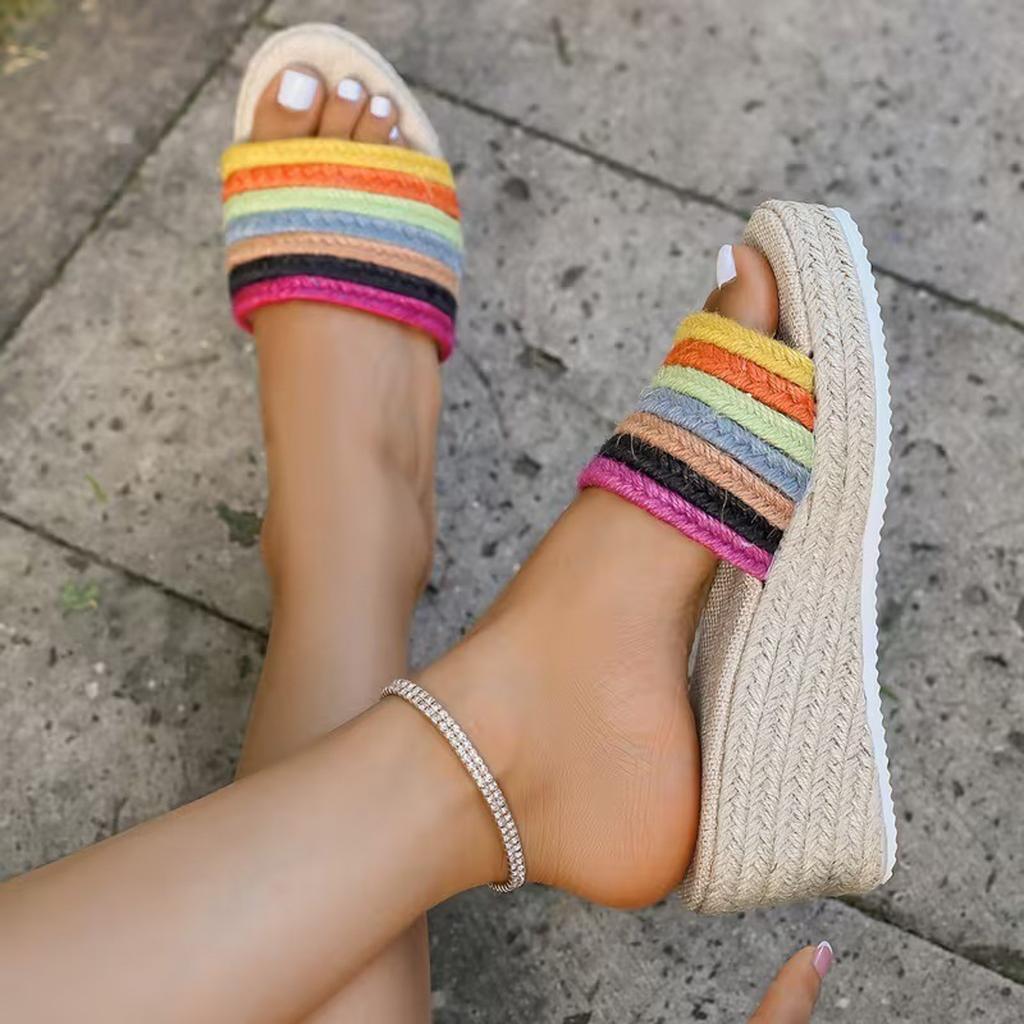 Knitted Sandals Women'S Platform Wedge Open Toe Slip Sandal Fashionable And Casual With Woven Jute And Saltwater Sandalias