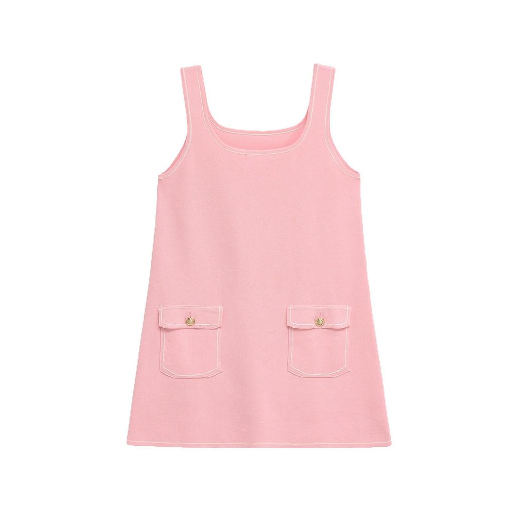 2025 Summer Women's French Sweet Casual Knit Sleeveless Dress with Pocket Brooch