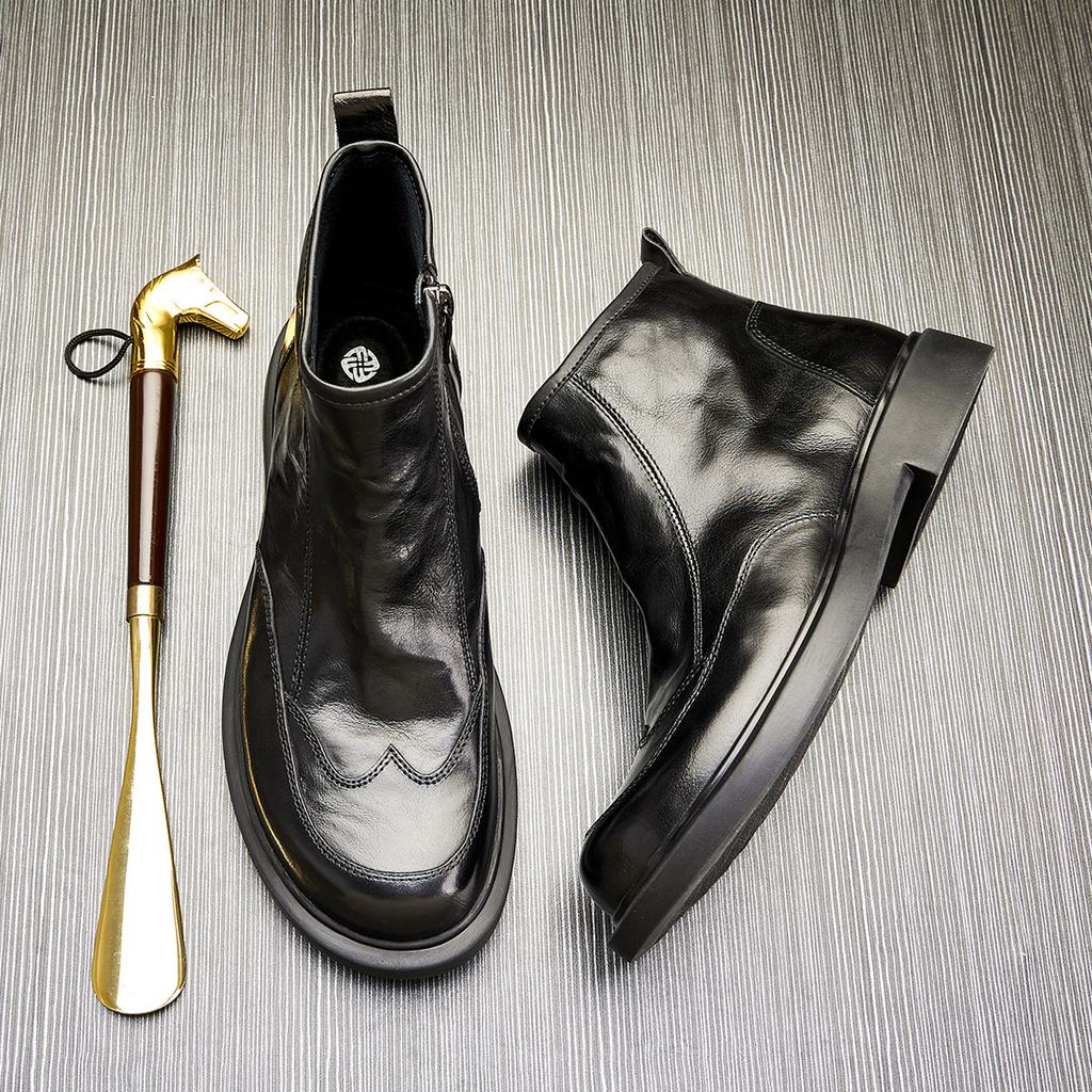 Men'S Martin Boots Spring And Autumn High Top Zipper Leather Tooling Boots Thick-Soled Round Head Tide Leather Boots Outdoor Boots Men