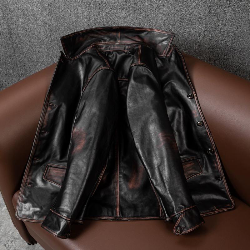 Vintage Handmade Distressed Vegetable Tanned Horsehide Leather Jacket for Men Oversize Long Coat