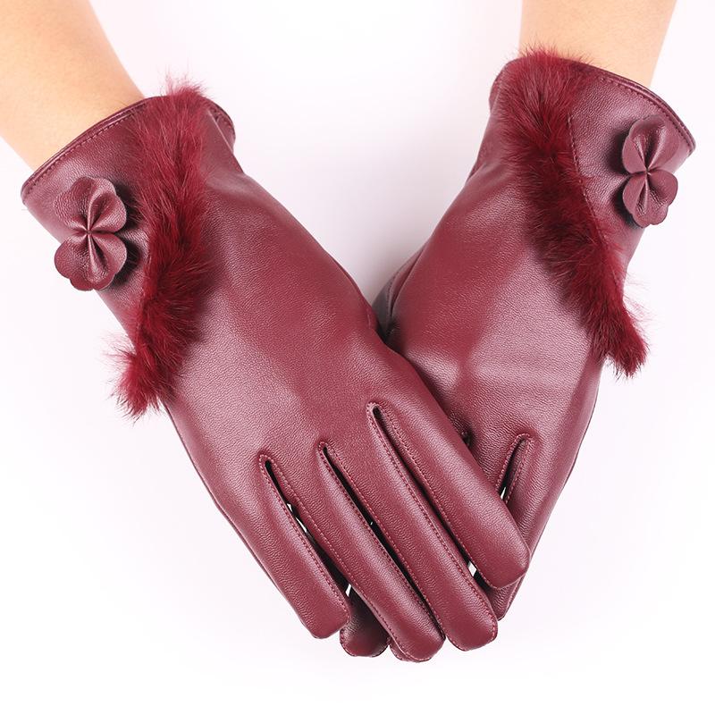 Autumn and Winter Women's PU Leather Gloves Gloves Lace Warm Plus Velvet Cold Proof Riding Touch Screen Gloves Winter