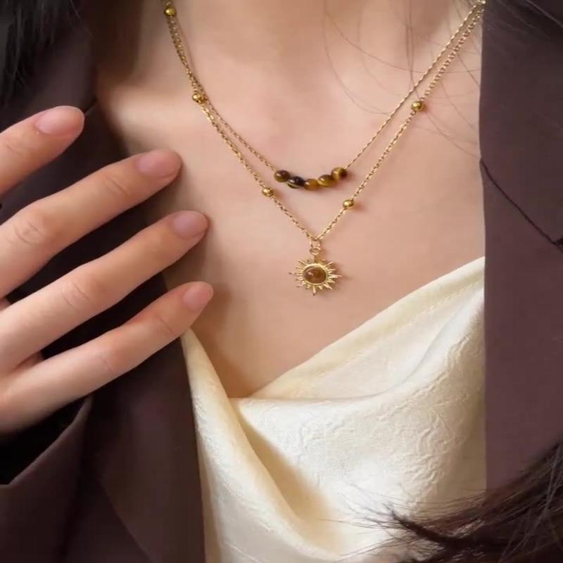 Sun Star Zircon Necklace For Women Vintage Leather Necklace Double Layered Pendant Chain Choker  Jewelry