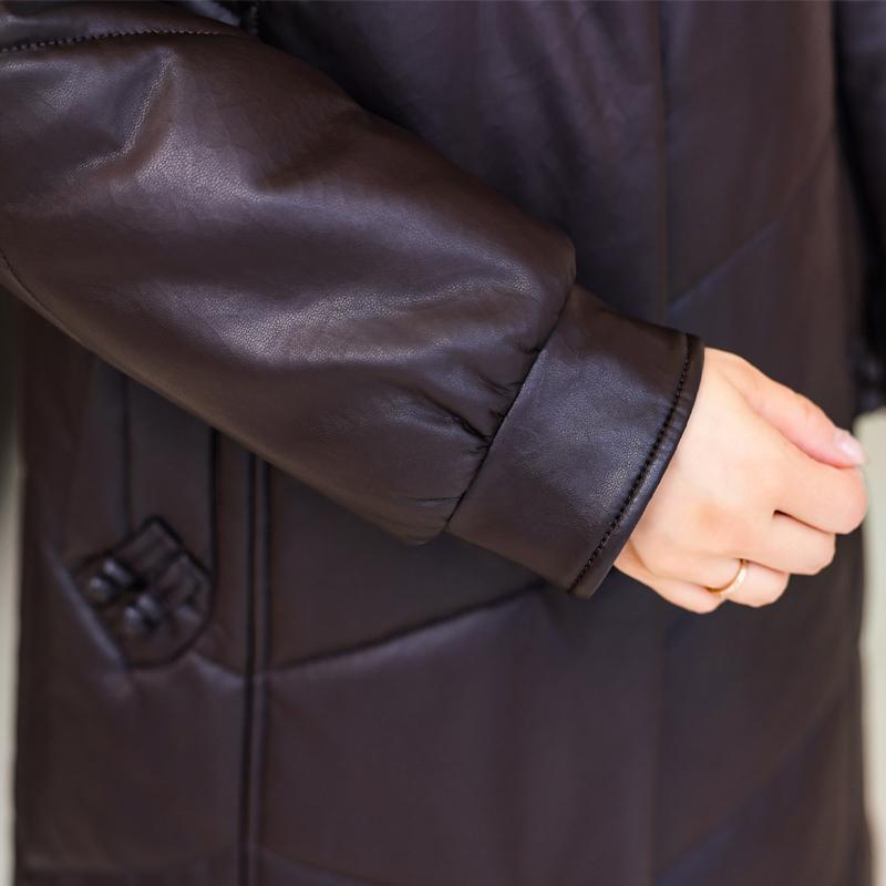 Middle Age Woman Winter Long Faux Sheepskin Coats Fur Collar Elegant Thick Warm Winter Parkas Female Leather Jacket