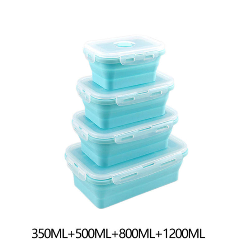 

4 PCS Blue Food Storage Containers With Lids Folding Silicone BPA Free Lunch Fruit Salad Kit Microwave Kitchen Reezer | Breakfast Boxes