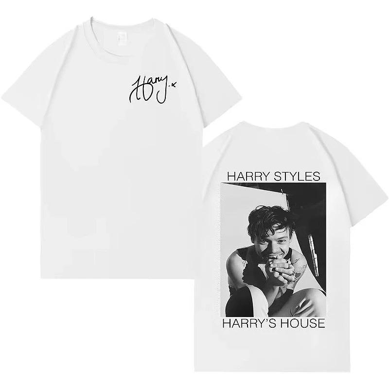 White Oversized Cotton T-Shirt Featuring Harry Styles’ Signature and Harry’s House Album Photo Print for Devoted Fans 4XL