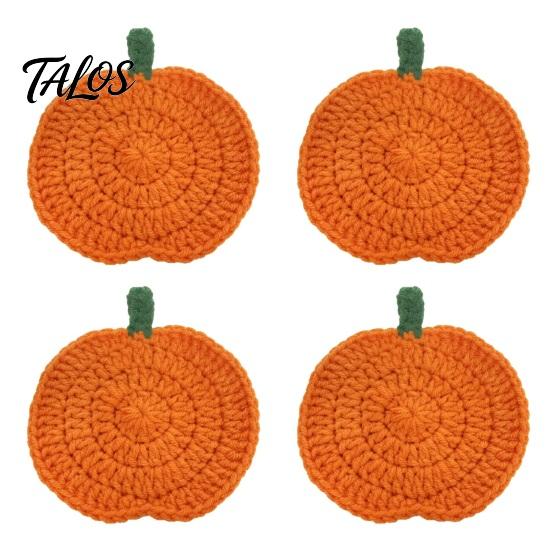 Crochet Pumpkin Cushion Handmade Coasters, Soft Polyester Coffee Mats, Decorative Fall Coasters Autumn Themed Farmhouse Dining Accessories for Kitchen