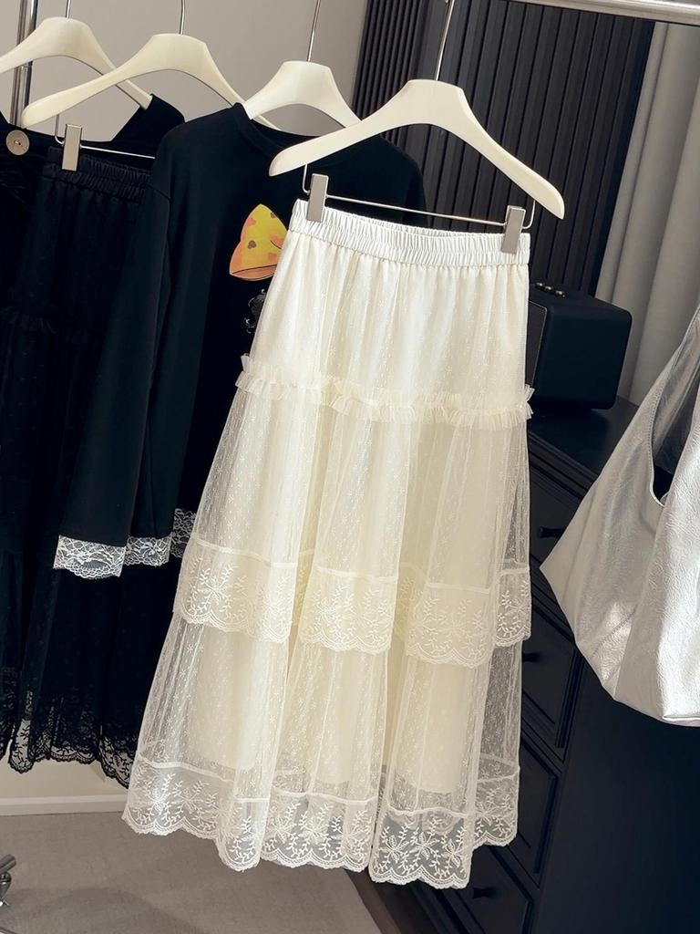 Women's Sweet Style French Lace Patchwork Mesh A-line High Waist Midi Skirt
