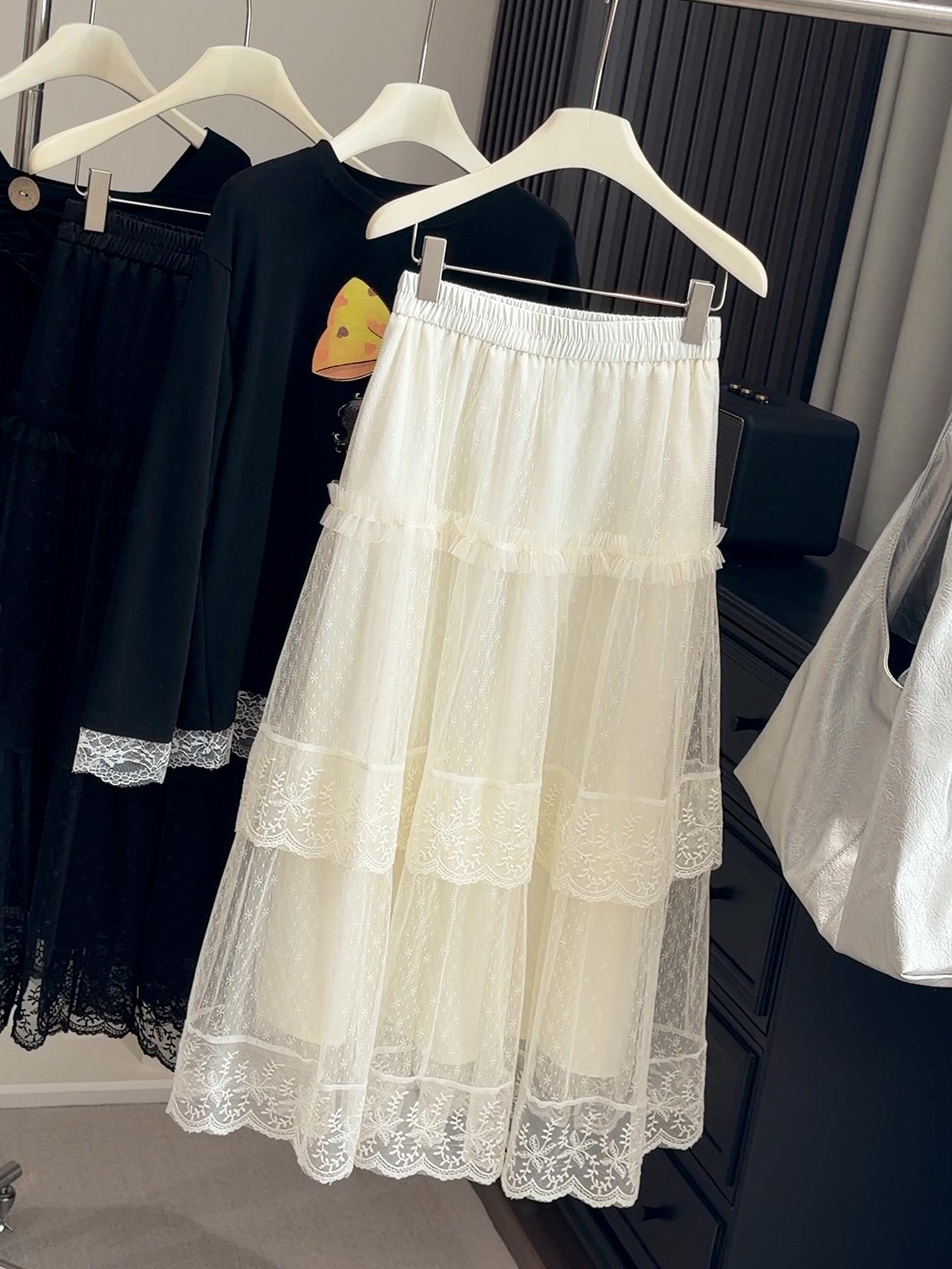 Women s Sweet Style French Lace Patchwork Mesh A-line High Waist Midi Skirt One Size абрикосовый