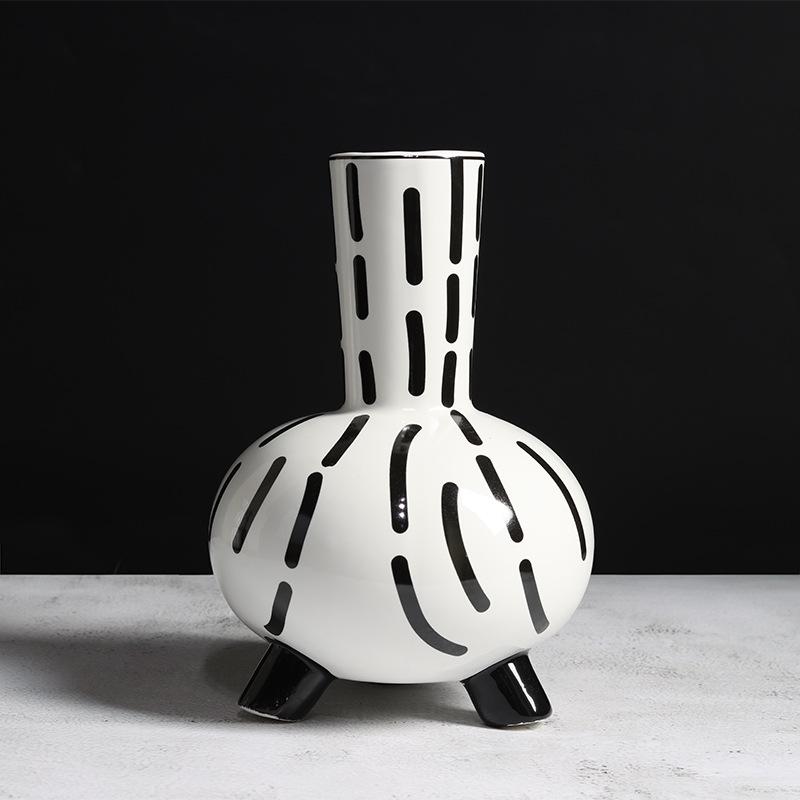 Modern Nordic Black White Striped Ceramic Vase Home Decor for Hotel Apartment Showroom