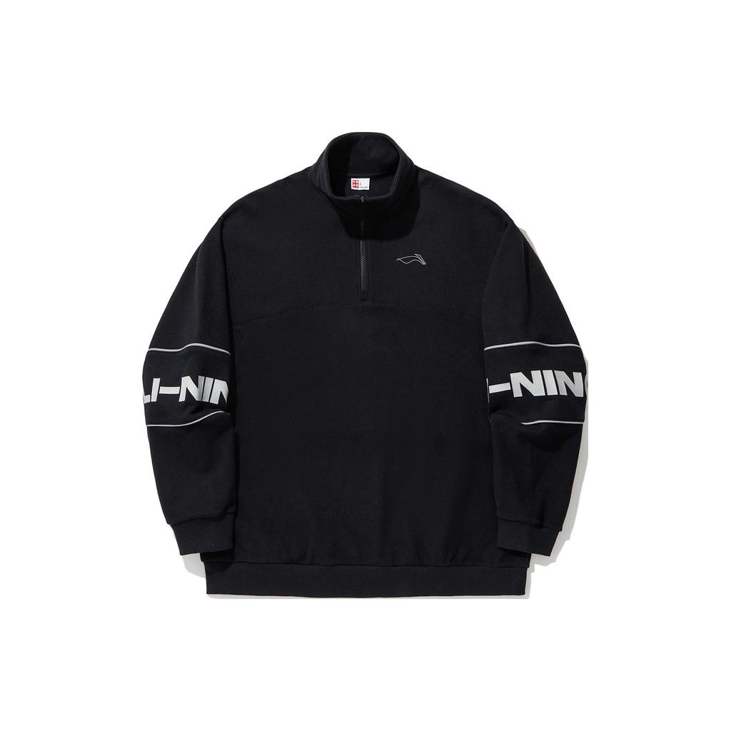 Li Ning Skateboard Series Stand Collar Solid Color Logo Reflective Loose Pullover Sweatshirt Unisex Sweatshirt Black AWDU323-1