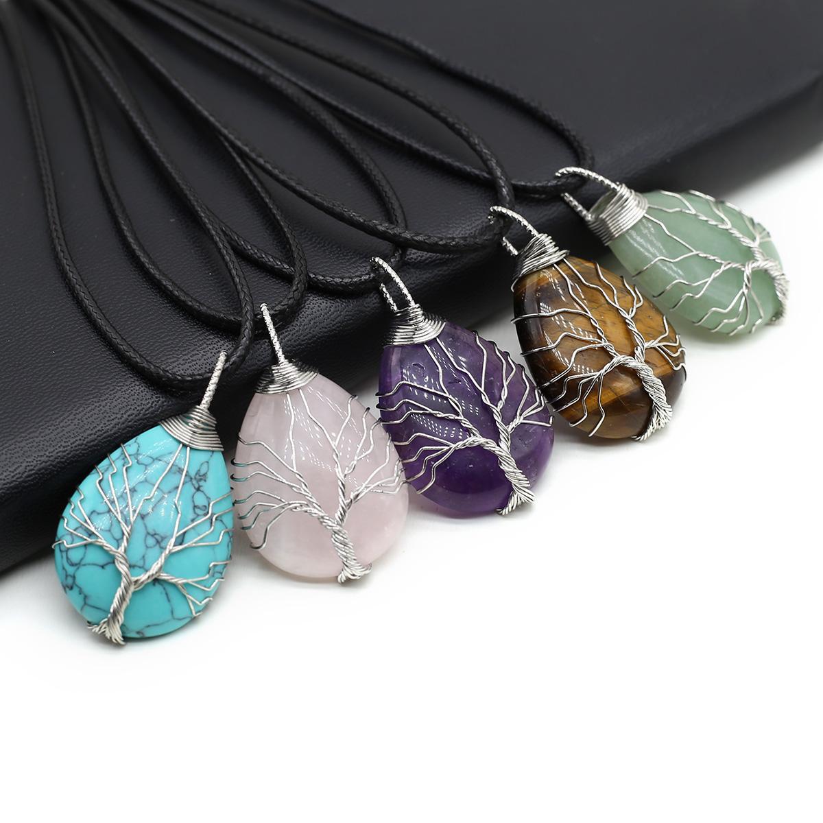 

1 шт./лот, натуральный камень, кристалл, розовый кварц, малахит, агат, подвеска в форме капли, Древо жизни, ожерелья для женщин и мужчин, ювелирные изделия 25 × 43 мм 25×43mm-Mix Color