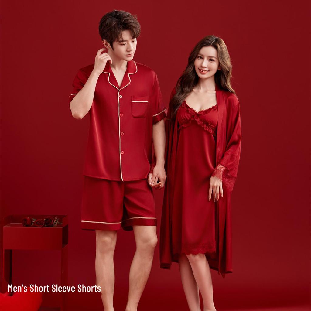 Rotes Seiden-Hochzeitspaar-Pyjama-Set: Damen- und Herren-Homewear-Slipkleid & Morgenmantel