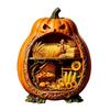 Rustic Halloween Tabletop Decor Centerpiece Pumpkin, Wooden Pumpkin Ornament with Miniature Scenes, Jack-o'-lantern Table Decorations Skeleton