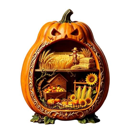 Rustic Halloween Tabletop Decor Centerpiece Pumpkin, Wooden Pumpkin Ornament with Miniature Scenes, Jack-o'-lantern Table Decorations Skeleton