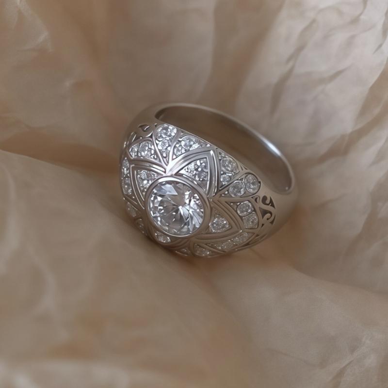 Vintage Silver Color Carved Pattern Hollow Inlaid Zircon Ring, Women's Fashion Trend Holiday Party  Gift
