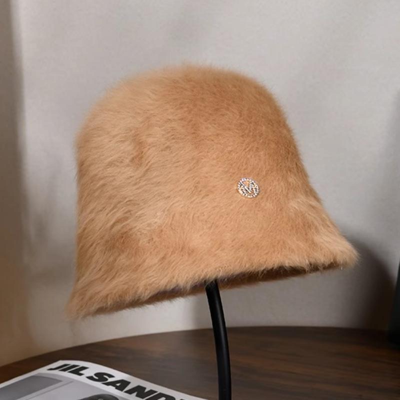 Korea Designer M Bucket Hat Woman Warm Plush Angola Rabbit Fur Hat Lady Autumn Winter Ins Fashion Basin Hat Retro Fluffy Panama