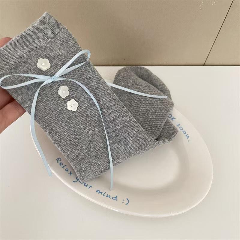 Haha! Hard To Refuse, Gray-Blue Socks, Sweet Ribbons, Bow Buttons, Stacked Socks.