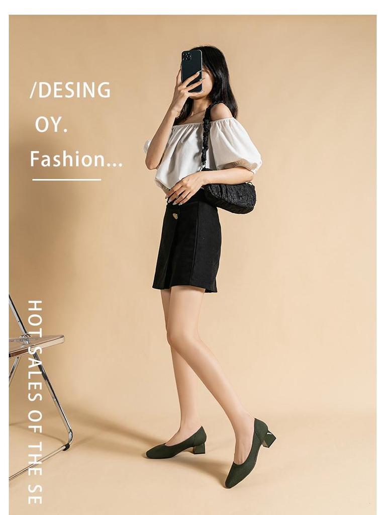 Women’s Breathable Knit Square Toe Chunky Heel Casual Shoes - 4cm Medium Heel, Plus Size, Soft Sole, Summer Style.