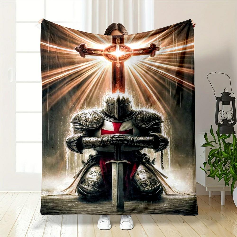 Templar Knight Kneeling Cross Sword Light Medieval Soft Cozy Blanket for Bedroom Sofa Gift