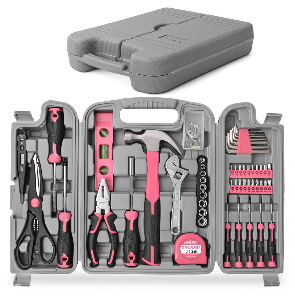 56pc Pink Home Garage Tool Kit Essential Hand Tools for DIY Repairs Complete In a Box Hi-Spec & Set.