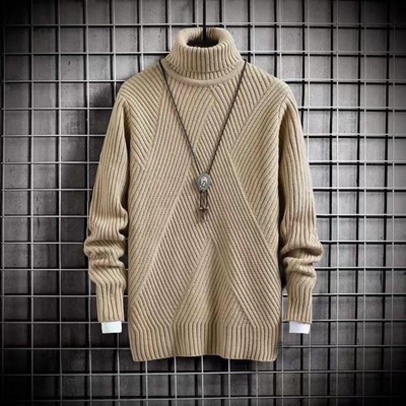 Mens Thickened High Neck Knit Sweater Slim Fit Solid Color Winter Warm Pullover Daily Wear