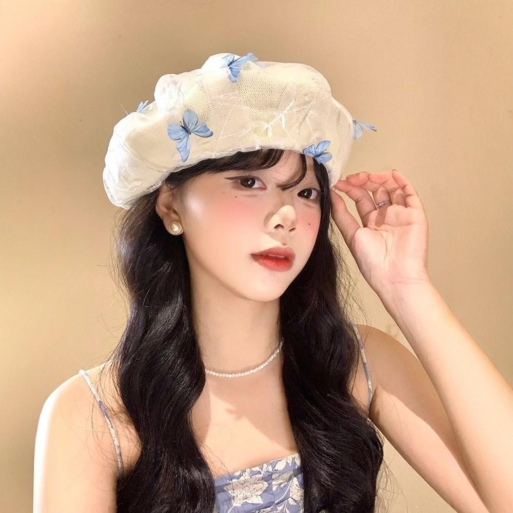 Three-dimensional Butterfly Beret Mesh Women's Beret Fashionable Knitted Hat Summer