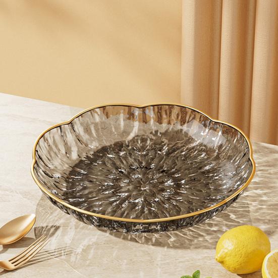 Clear Plastic Serving Bowl, Modern Fruit Bowl with Gold Rim, Multi-use Decorative Snack Bowl for Counter Home Decoration, Kitchen Dining Room Table