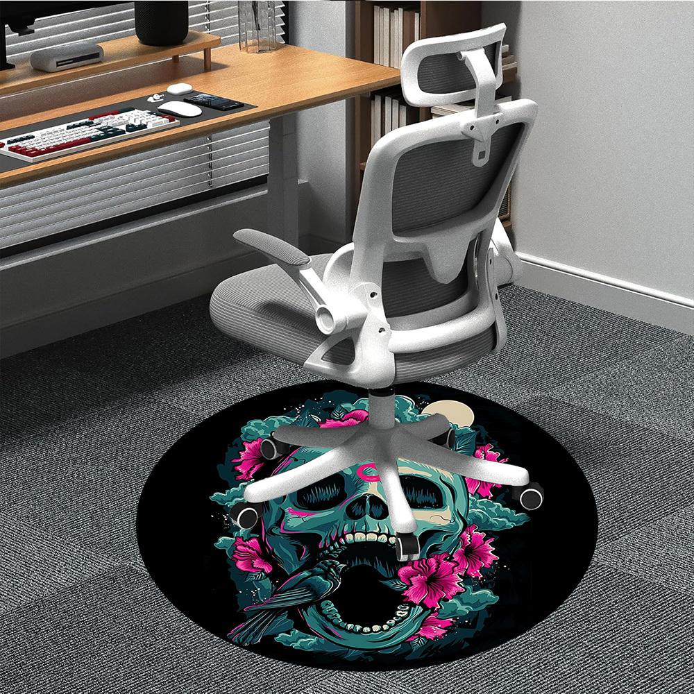 1pc Skull Flowers Office Round Area Rug, Indoor Mat Suitable For Office, Under Office Chairs Bedroom Living Room Home Decor, Room Deco