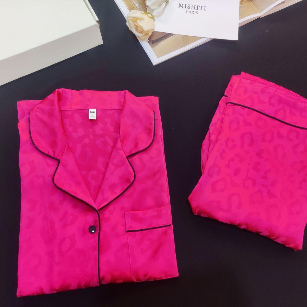 Leopard Print Jacquard Ice Silk Unisex Pajama Set - Long Sleeve Imitation Silk Homewear