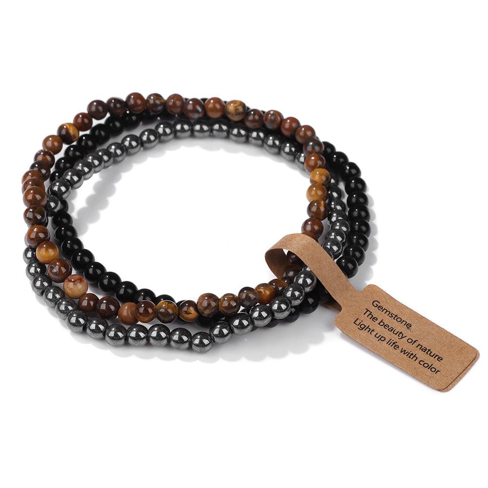 Braccialetti Elastici con Perline di Pietra Naturale da 4 mm (3 Pezzi) per Donna Uomo Agate Muschiate Quarzi Rosa Set di Braccialetti Elasticizzati con Etichetta Gioielli