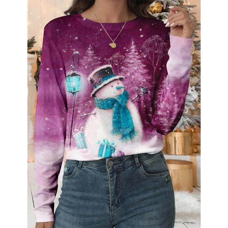 Top cu gât rotund de primăvară și toamnă, cu temă de Crăciun, imprimat 3D, tricouri de damă la modă și casual cu mâneci lungi