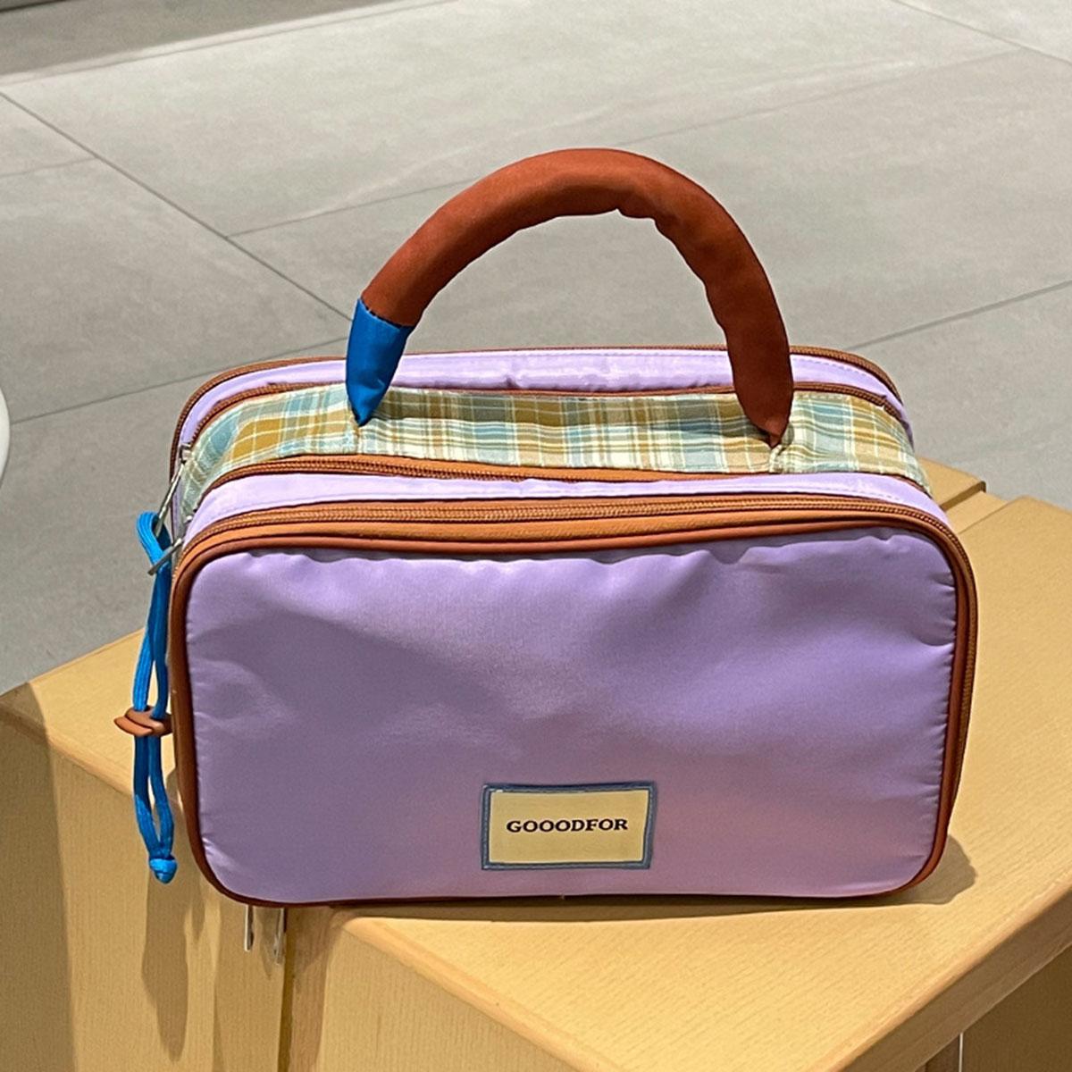 Женская макаронная повседневная косметичка, большая сумка-органайзер, милая клетчатая многослойная сумка для туалетных принадлежностей и путешествий фиолетовый