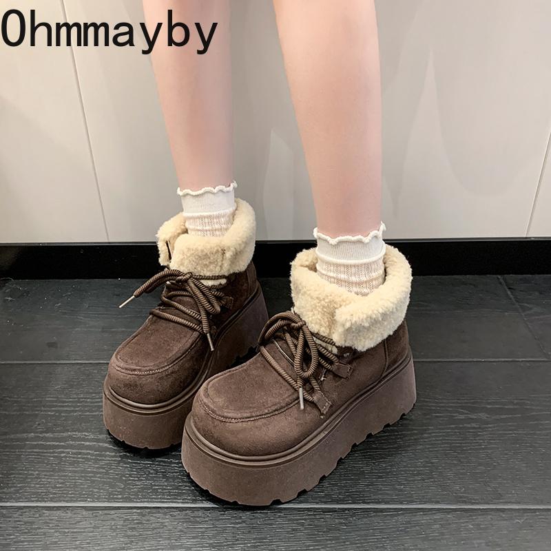 Winter Chunky Platform Heels Women Fur Snow Boots Keep Warm Height Increase Warm Cotton Short Booties Shoes  Mujer