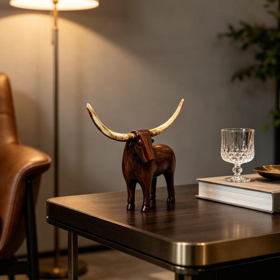 Neutral Retro Living Room Decor Vintage Longhorn Bull Sculpture, Rustic Farmhouse Animal Figurine, Western Style Pastoral Shelf Display Decorative