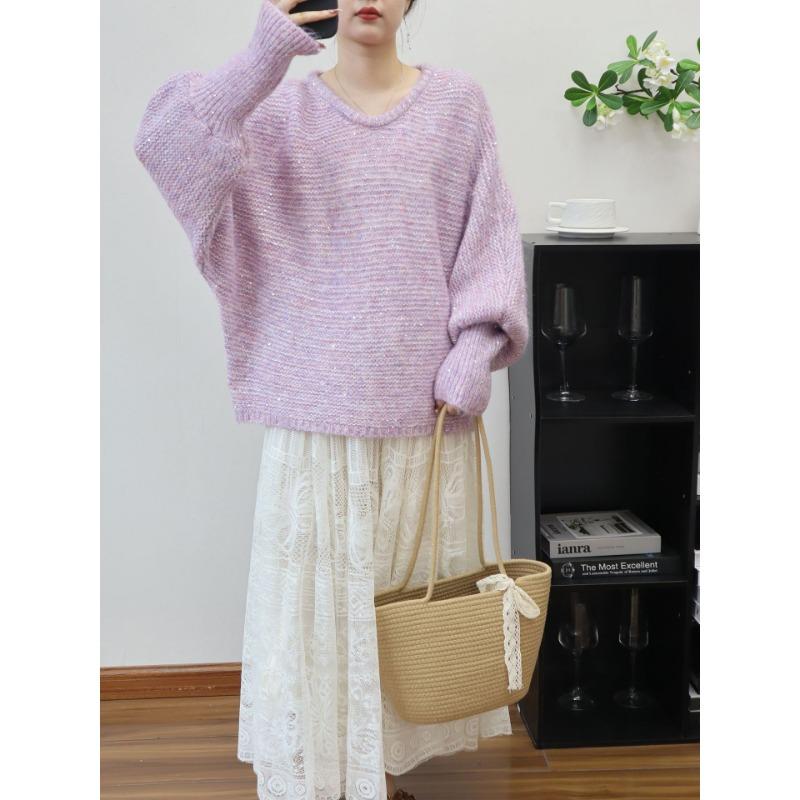 Autumn and Winter New Back Strap Bow Knitted Sweater Top Sequined Design Loose Sweater Pullover Woman