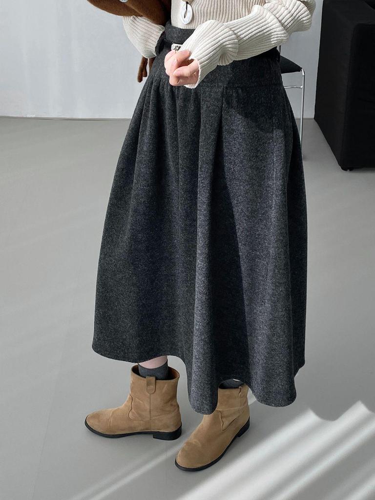 Blogger's Designer Style: Korean Retro Wool Blend A-Line Midi Skirt (Gray, E9278)