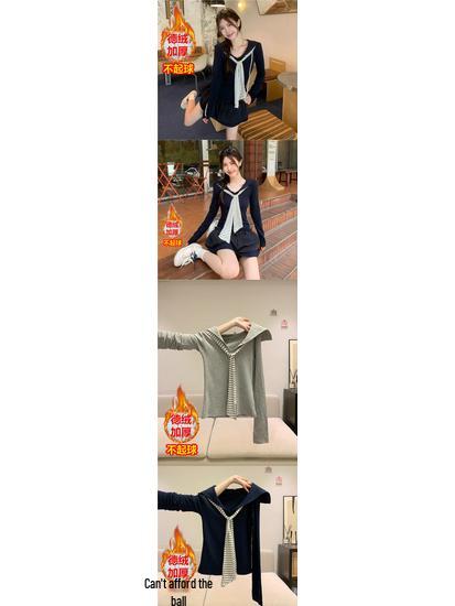 Korean Style Drop Shoulder Naval Collar Long Sleeve Top for Women, Slim Fit Flowy Ribbon Design, Perfect for Spring/Autumn.