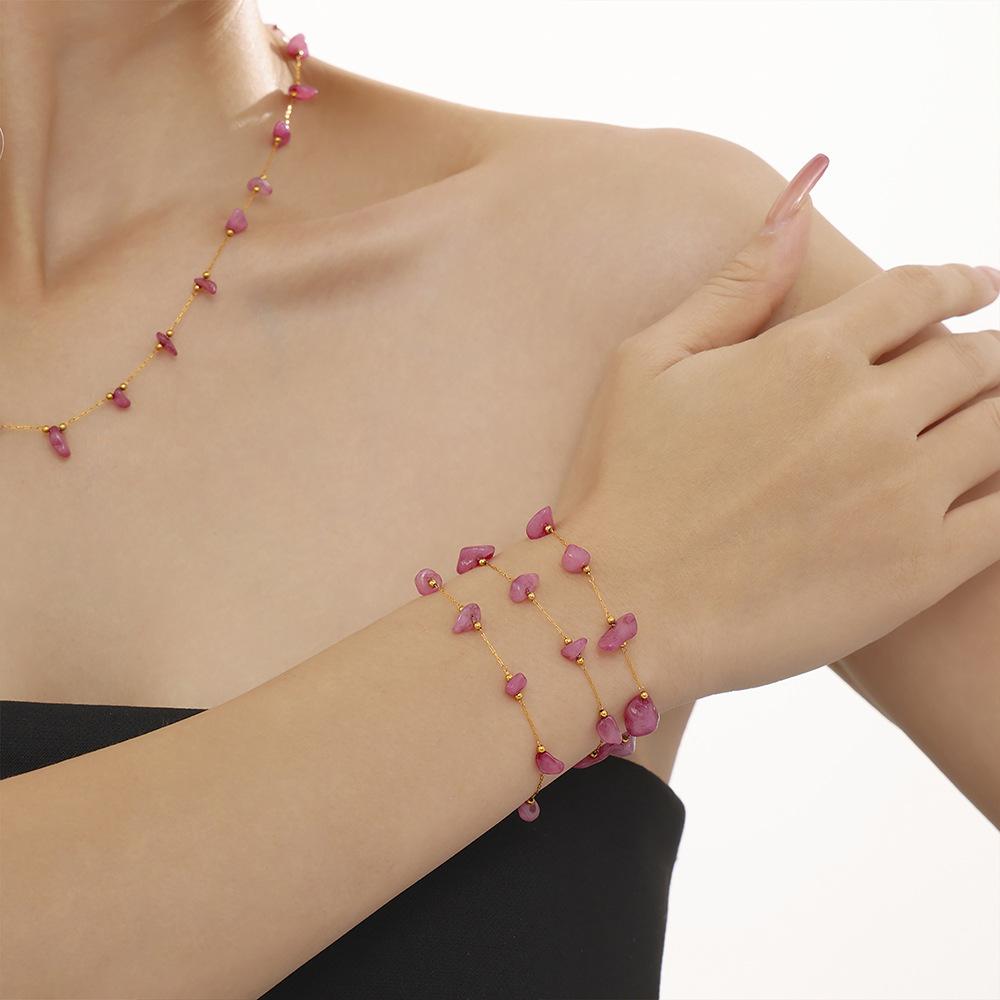 Handmade Bohemian Chic Jewelry Set Stainless Steel Necklace Bracelet Natural Pink Stone Luxury Boho Wedding/Party/Engagement