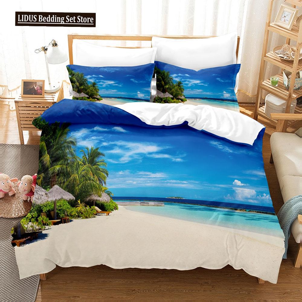 Zestaw Poszwy na Kołdrę Krajobrazowy Rozmiar King Full Letni Palmy Plaża Fale Morskie Motyw Oceaniczny Dla Dzieci Dziewczynka Chłopcy Poliestrowy Zestaw Pościeli