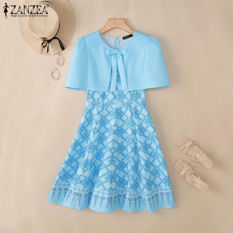 ZANZEA Women Summer Round Neck Short Sleeve Geometry Print A-line Dress
