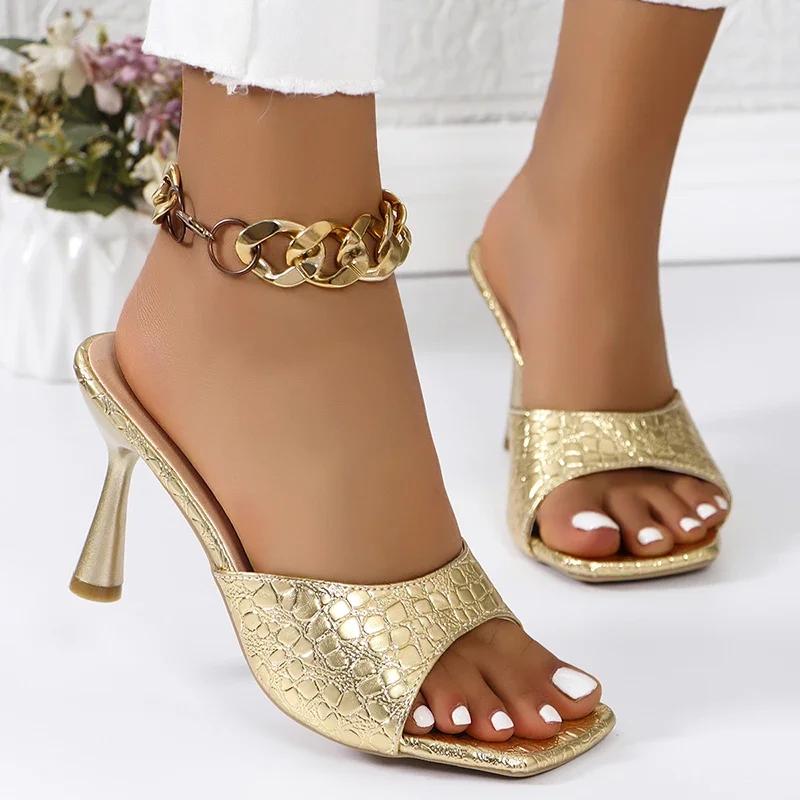 

Luxury Gold Silver High Heels Sandals Women 2025 Slip On Square Toe Summer Slippers Woman Plus Size 43 Thin Heeled Party Shoes 42EU/CN43 золотий